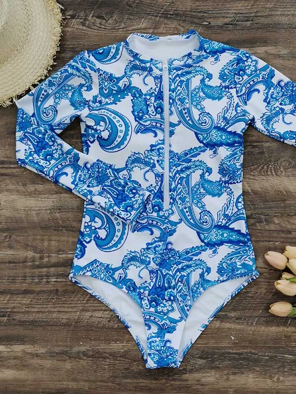 Long-Sleeves Floral Printed Zipper One-Piece Wetsuits