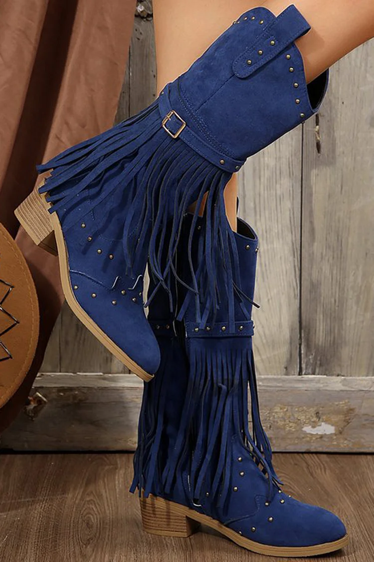 Vintage Black Chunky Heel Tassel Rivet Decor Zipper V-Cut Boots 2024 - Xpluswear