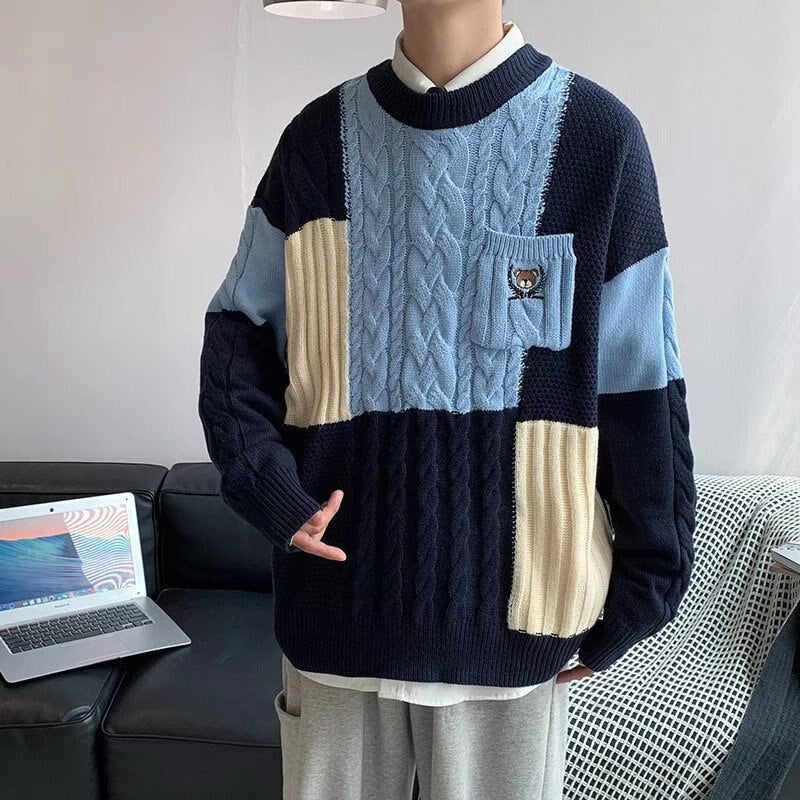 Oversized Men Sweater Fashion Knitted Embroidery Bear Pullovers Spring ...