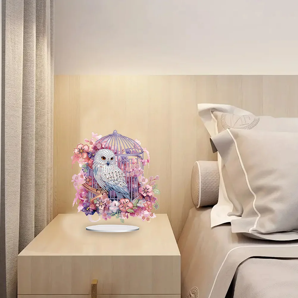 DIY Owl Cage Acrylic Single-Sided Diamond Painting Tabletop Ornament Kit for Office Desktop Decor(20*25cm)