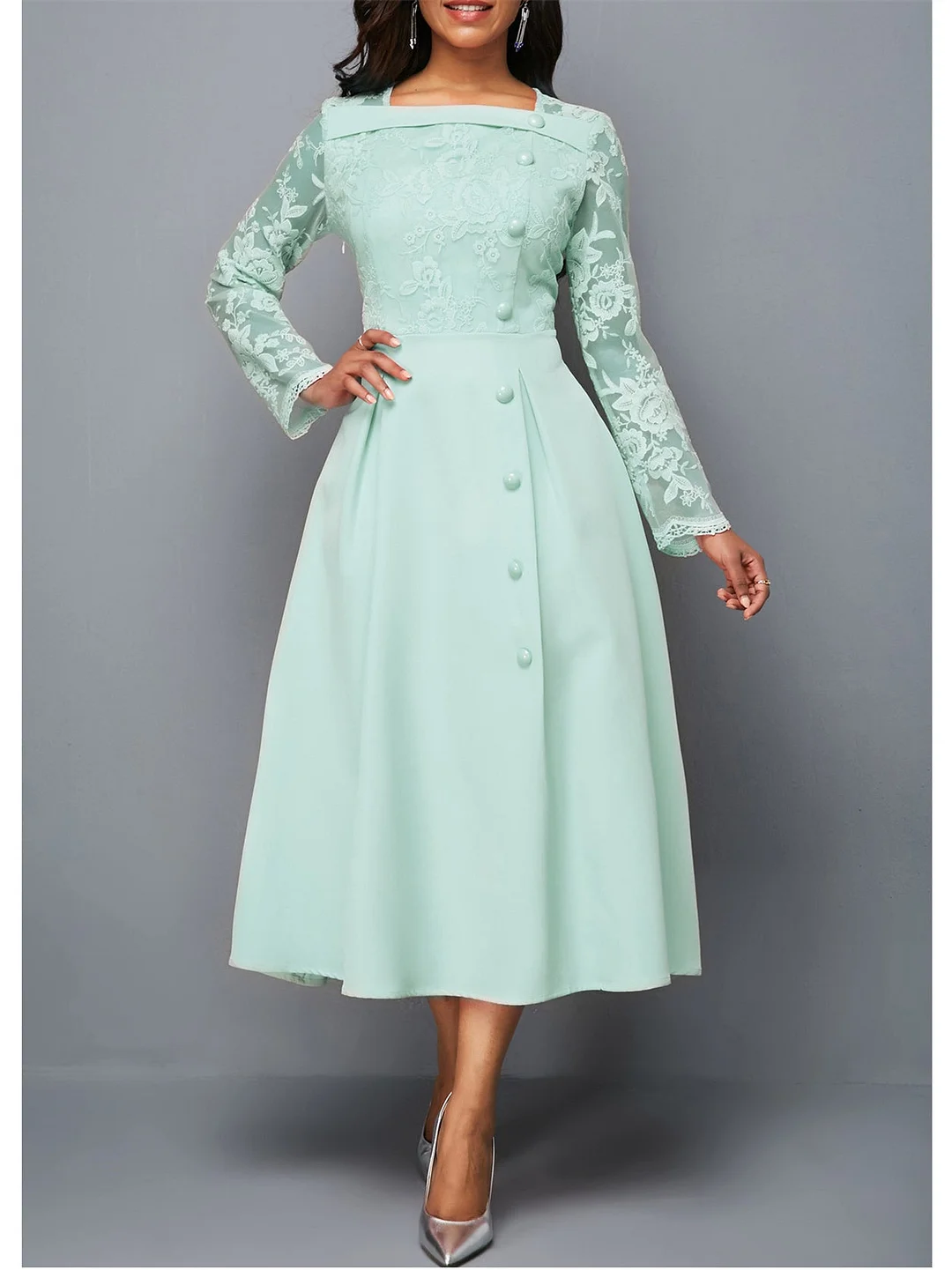 Women's Long Sleeve Square Collar Graphic Midi Dress