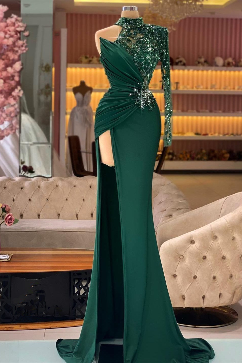 Dresseswow High Neck Dark Green Mermaid Evening Gown Long Sleeves With Beads Split