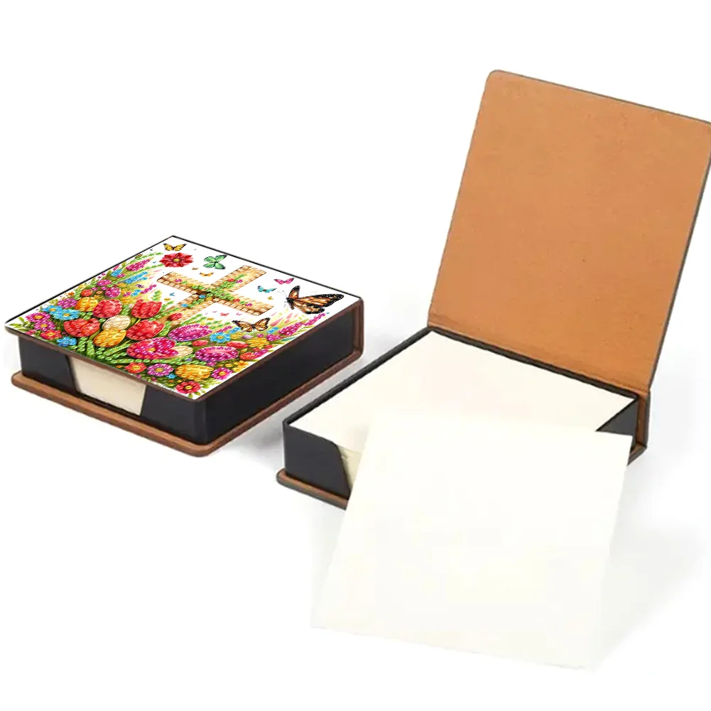 DIY Flower Cross Leather Diamond Art Note Box with 160 Sheets of Paper for Beginners