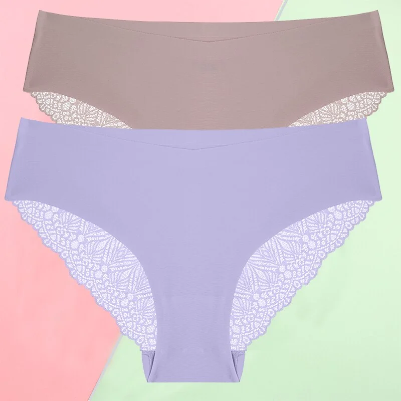 FINETOO 2PCS/Set S-XL Sexy Women Seamless Lace Pantys 6 Solid Colors Breathable Panties Lace Underwear For Girls Thong Lingerie