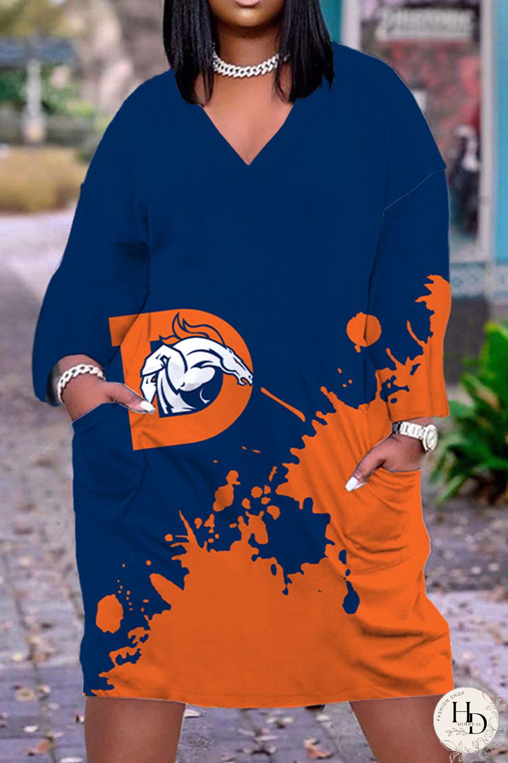 Black Gray Casual Print Patchwork V Neck Straight Dresses