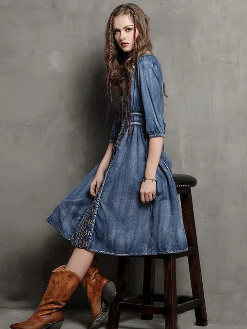 Timeless Grandeur: Oversized Embroidered Denim Dress with Vintage Charm