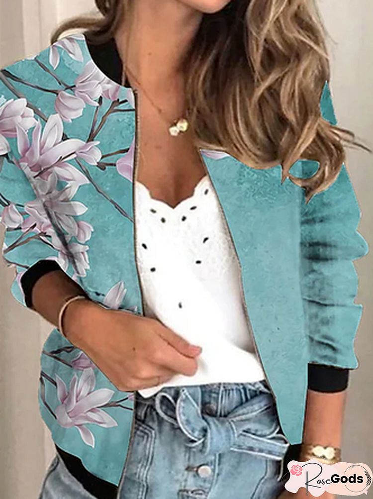 Casual Floral Regular Fit Crew Neck Other Coat
