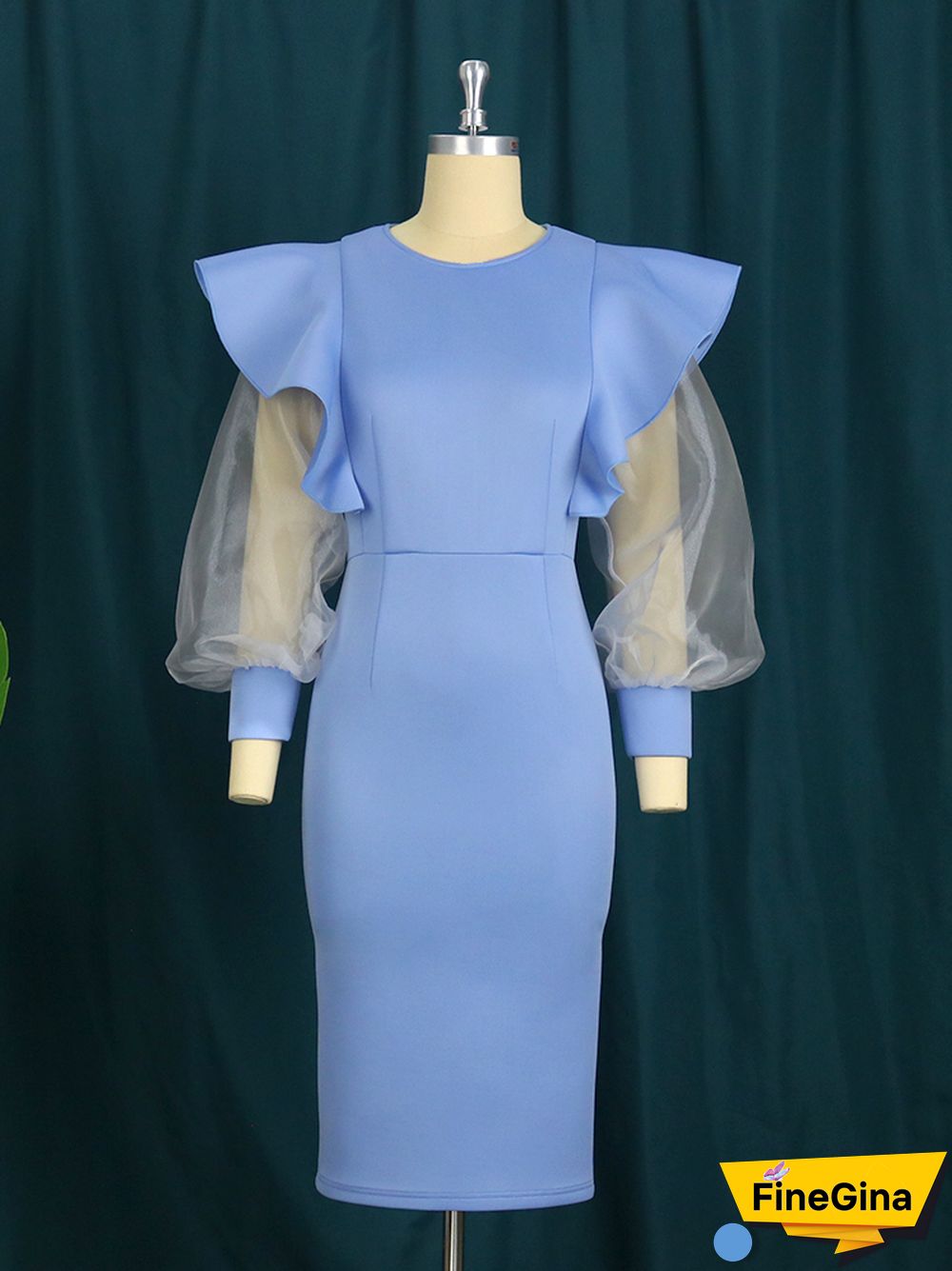 Elegant Blue Dresses Women See Through Long Tulle Sleeve Slim Ruffle Dress Classy Bright Large Size Party Birthday Outfits