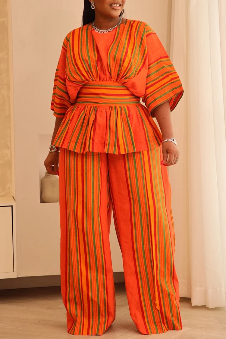Plus Size Business Casual Orange Elegant Striped Round Neck Short Sleeve Ruffle Two Piece Pant Sets [Pre-Order] 2024 - Xpluswear