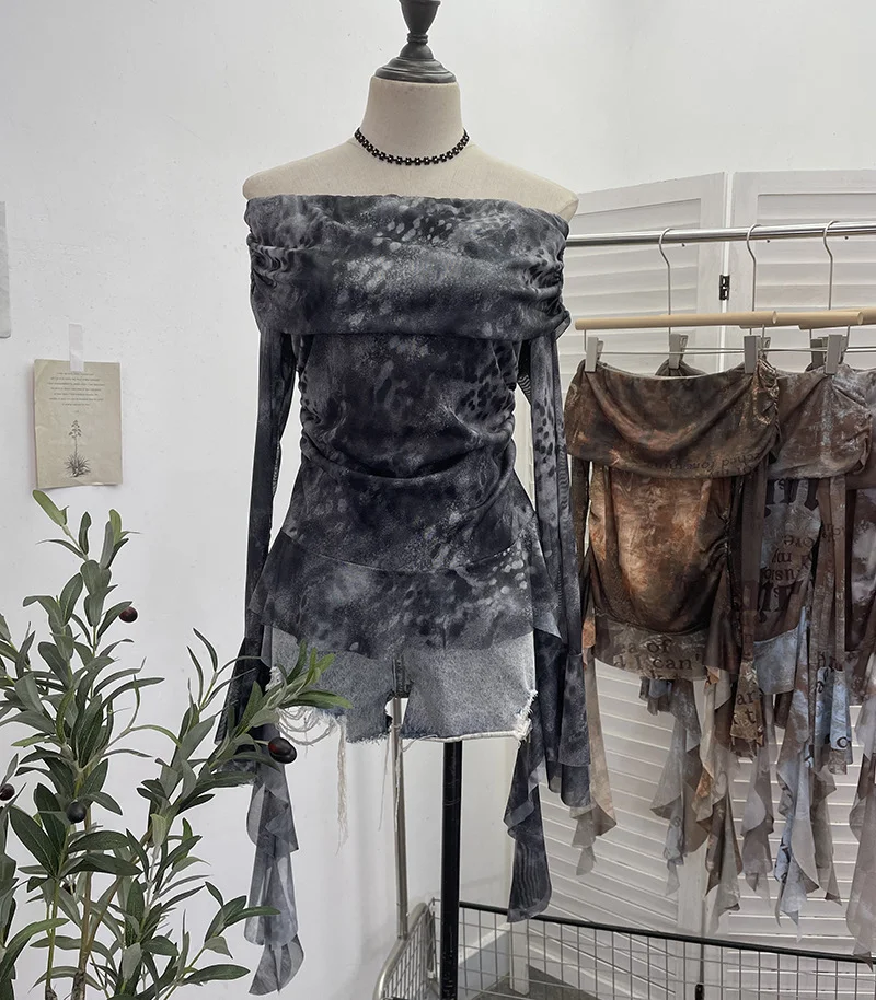 Uveng Real Shot Shoulder Strap Tie Dyed Net Shawl Shirt T-Shirt T-Shirt T-Shirt Design Folded Long-Sleeved T-Shirt 8003