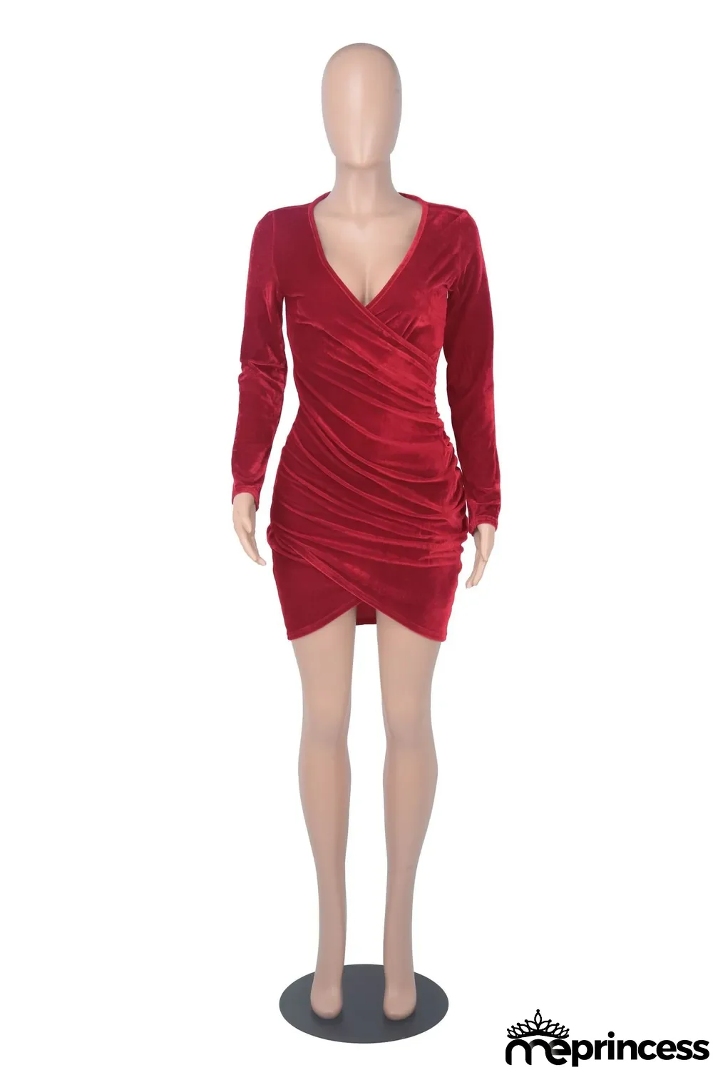 Sexy Velvet V Neck Long Sleeve Mini Dress