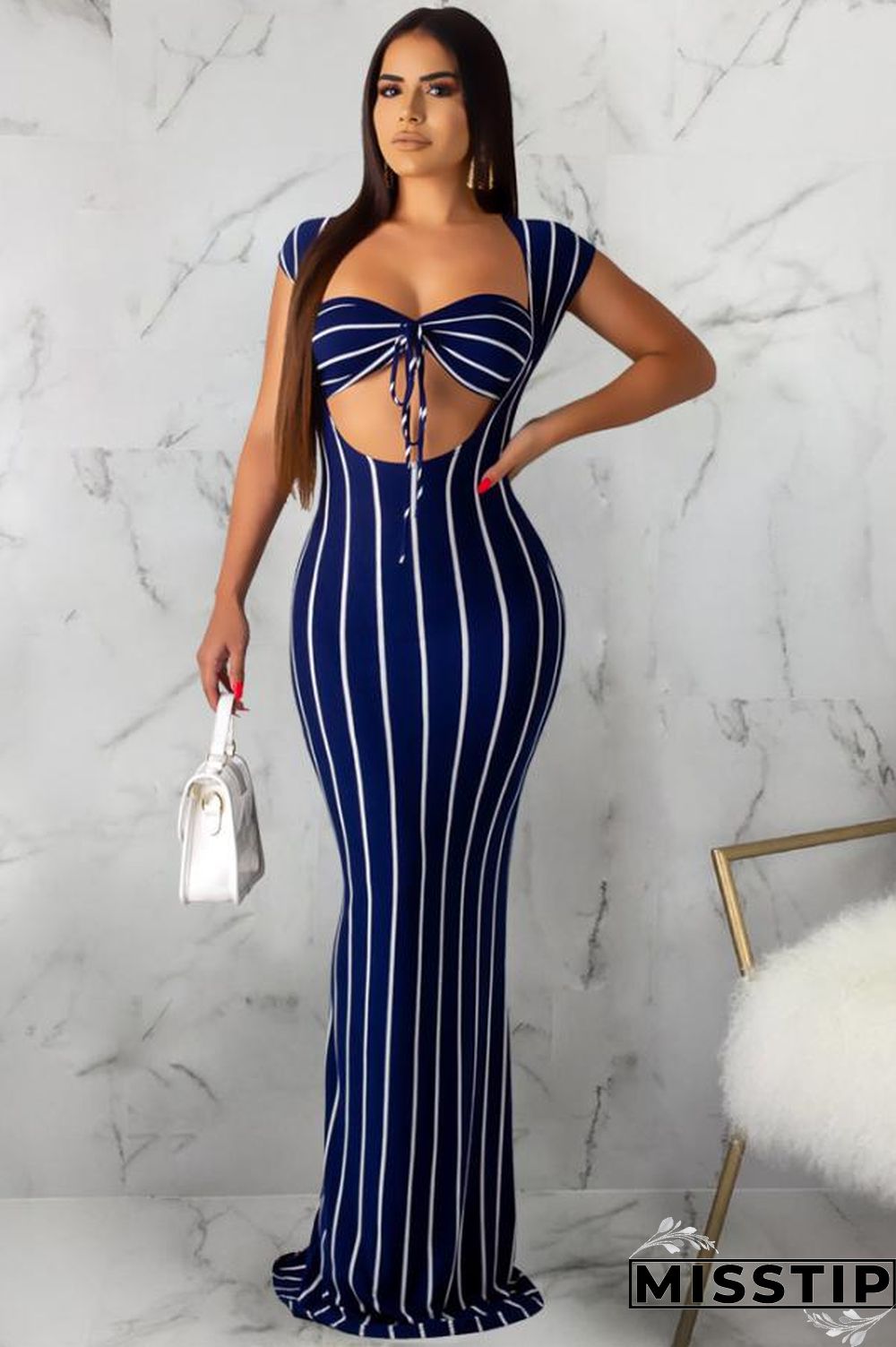 Navy Blue Sexy Fashion Solid Slim fit Striped Regular Sleeveless Two-Piece Dress
