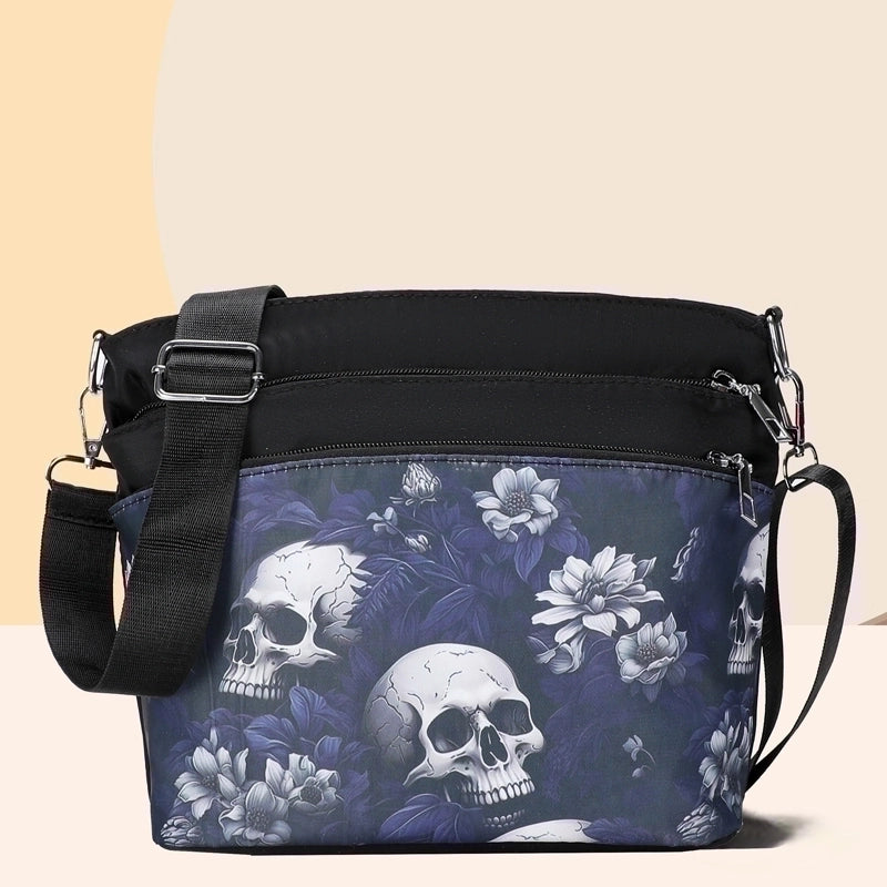 Halloween Women's Oxford Cloth Flower Ghost Punk Zipper Shoulder Bag