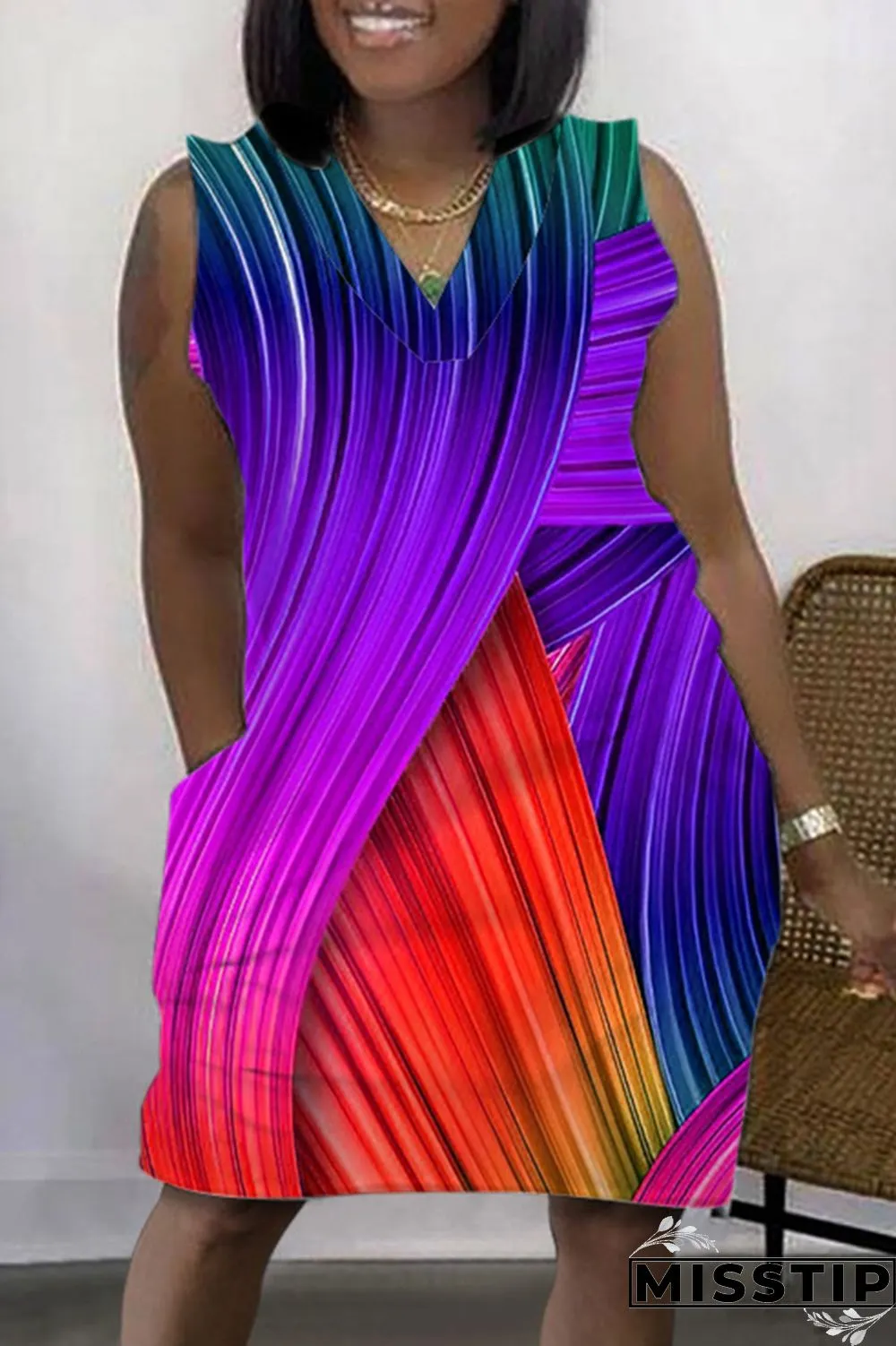 Purple Casual Print Patchwork V Neck Sleeveless Dress Dresses