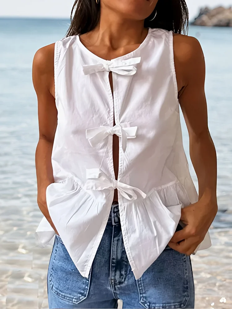 Women's Casual Solid Color Sleeveless Bow Tie Cardigan Vest