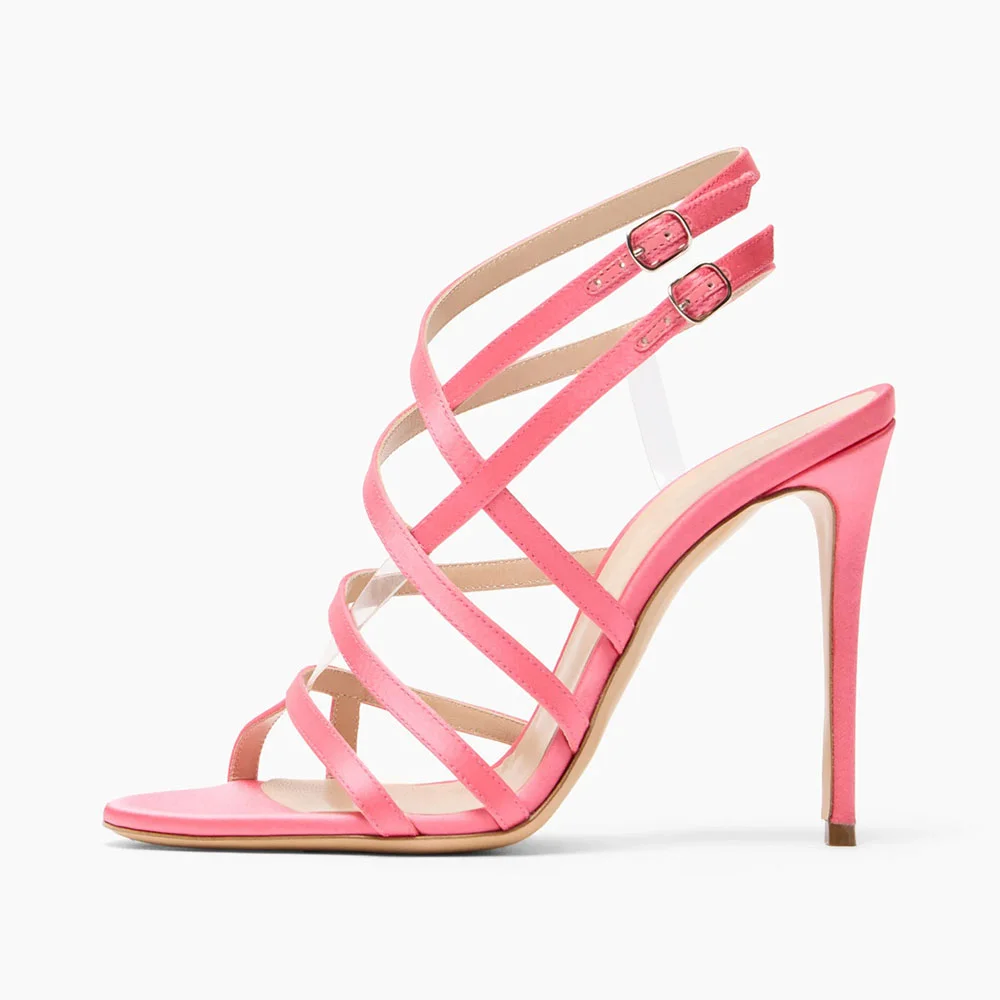 Cute Pink Round Toe Stilettos Strappy High Heel Sandals with Buckle