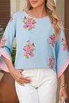 Women's Elegant Blue Floral Print Button Cuffed 3/4 Sleeve Round Neck Blouse