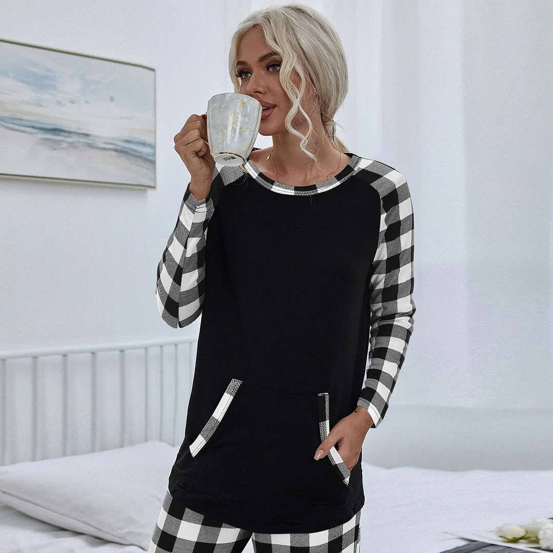 Women's Plaid Round Neck Home Casual Suit