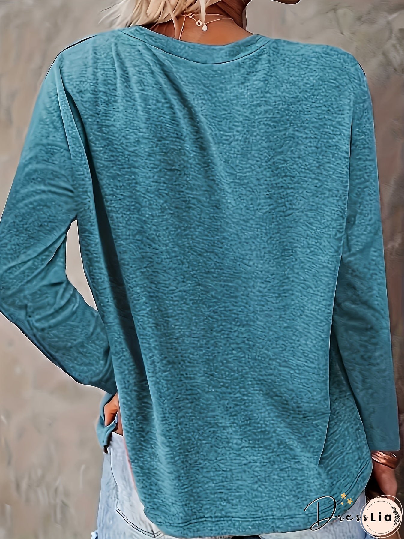 Plus Size Casual T-shirt, Women's Plus Solid Long Sleeve Round Neck Slight Stretch T-shirt