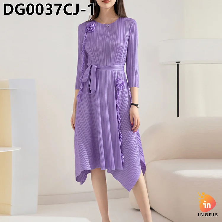 Women's Fashion Pleated Dress Elegant Loose Waist Tie Solid Color Irregular Large Hem Casual Dress-DG00037CJ