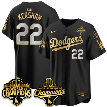 Youth Los Angeles Dodgers #22 Clayton Kershaw Black 2025 World Series Champions Jersey