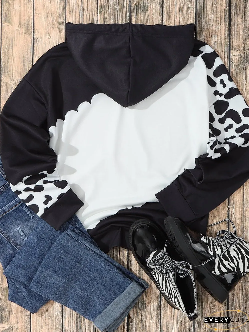 Cow Print Tie Dye Drawstring Hoodie with Pockets