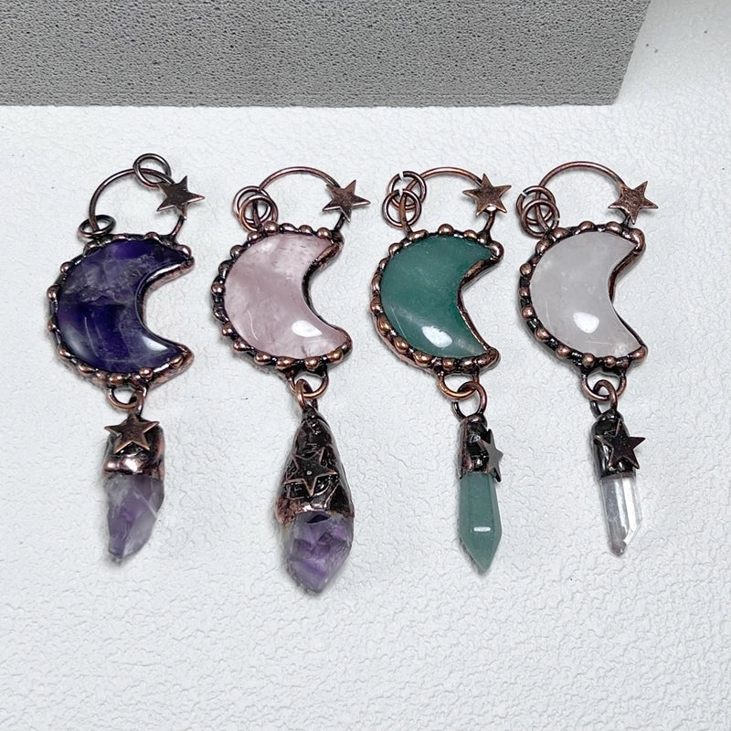 2 Pieces 35*91mm Crystal Green Aventurine Natural Stone Crystal Star Moon Pendant Jewelry Accessories