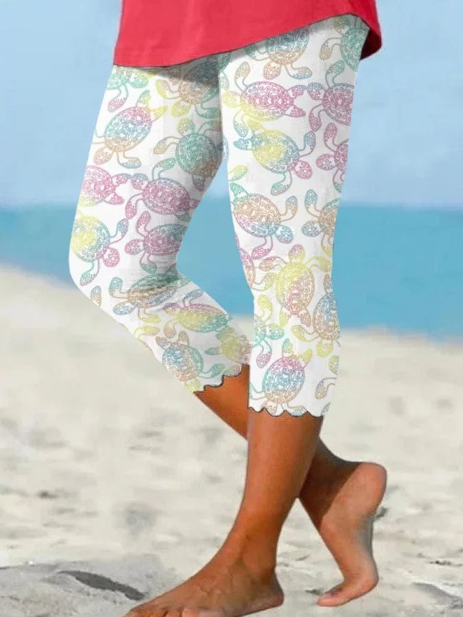 🔥Buy 3 Get 10% Off🔥Retro Vacation Colorful Sea Turtle Wavy Edge Print Leggings