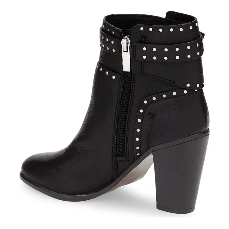 Black Chunky Heel Boots Round Toe Studded Ankle Booties |FSJ Shoes