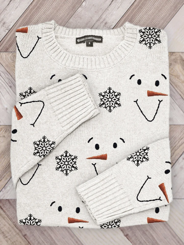 Snowman Faces & Snowflakes Embroidery Pattern Cozy Sweater