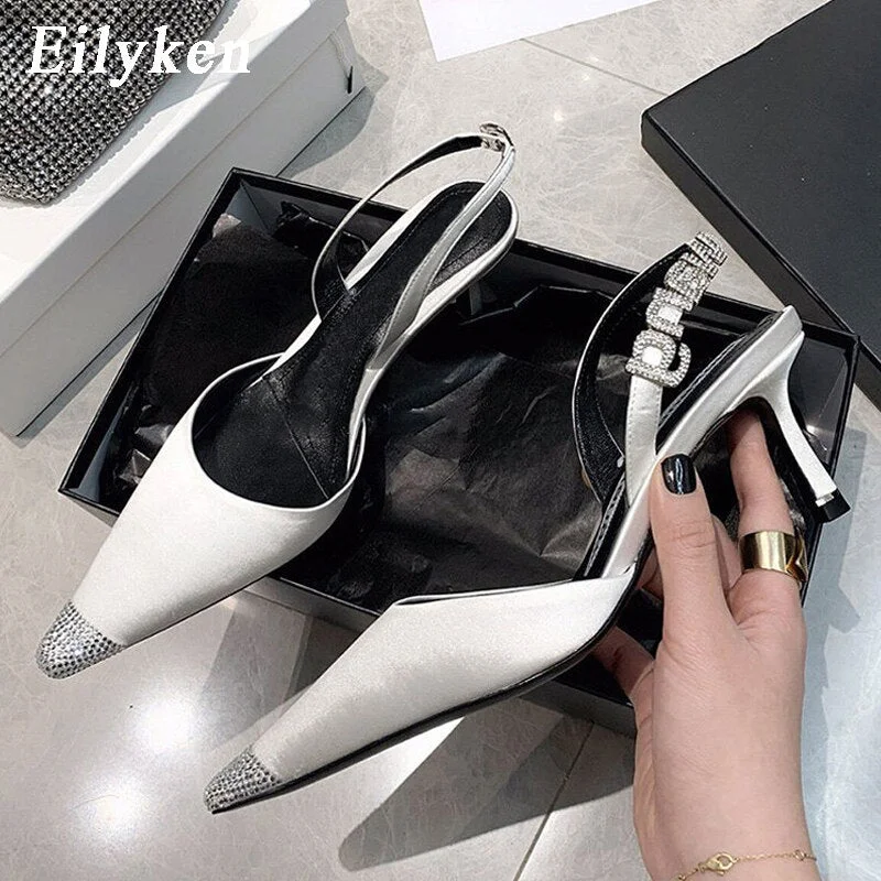 Women Sexy Pointed Toe Woman Pumps Fashion Crystal Rhinestone Letter Ankle Sytap Sandals Women Thin High Heels Shoes