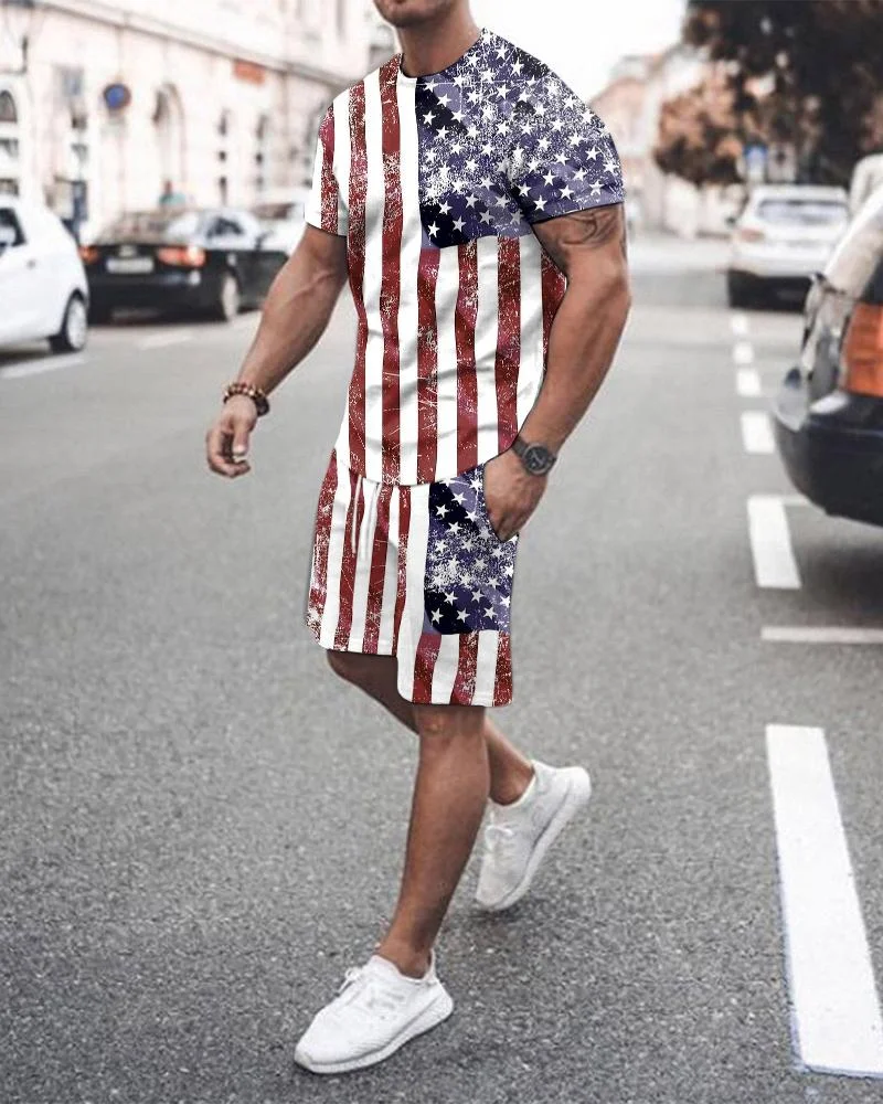 Men's Flag Printed Shorts Suit