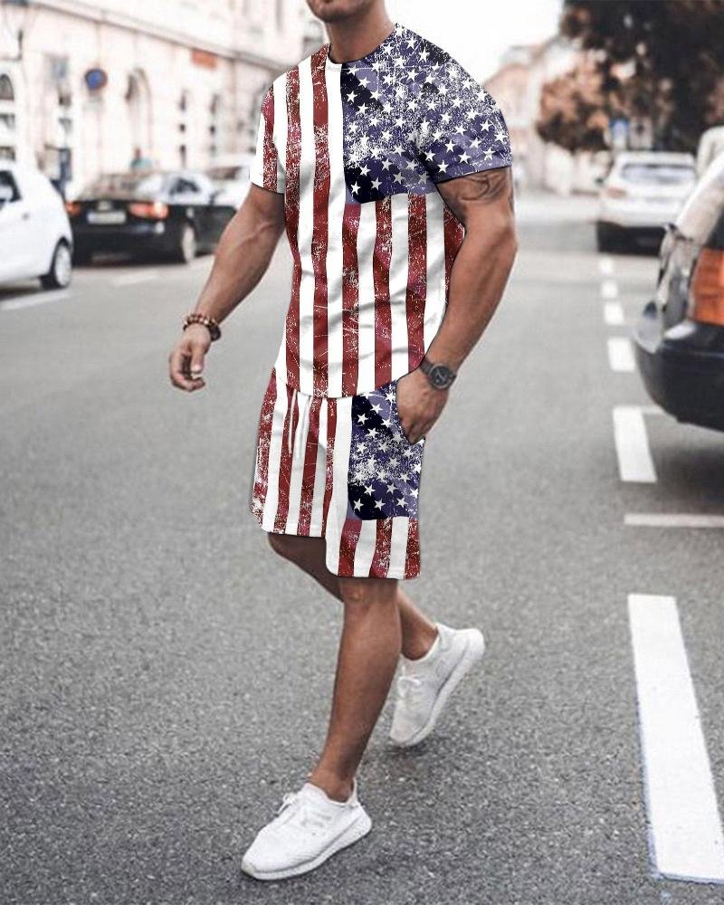 Men's Flag Printed Shorts Suit