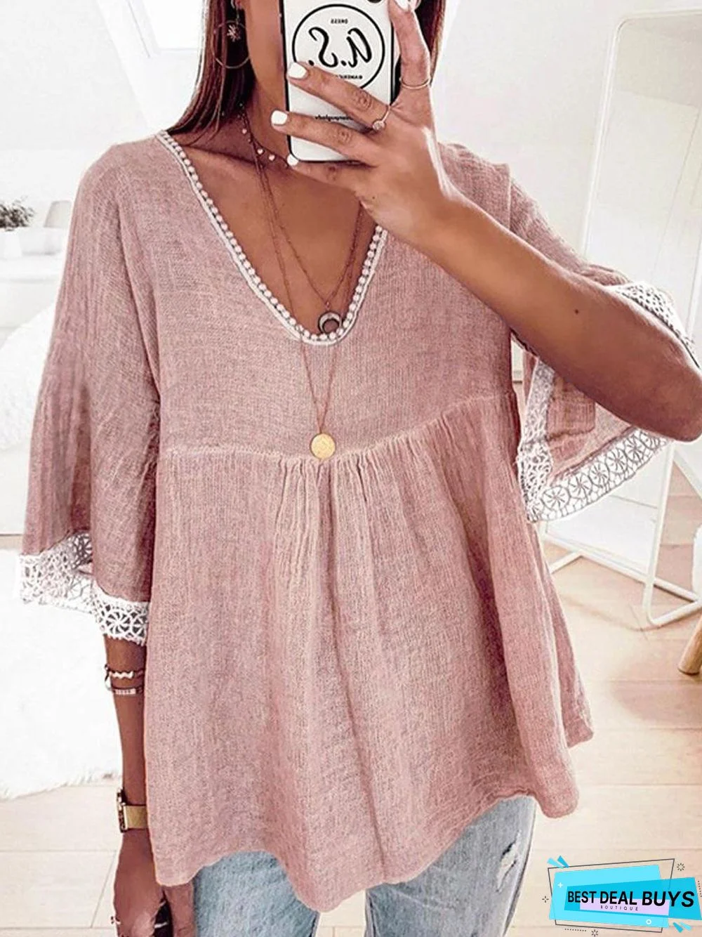 Casual Lace Stitching Five-Quarter Sleeve Cotton and Linen Shirt