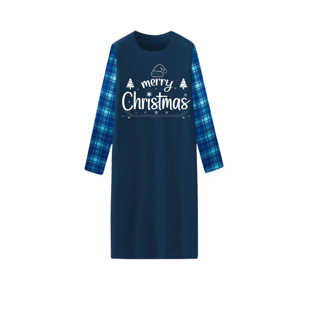 "Merry Christmas" White Letter 2024 Blue Long Sleeve Top With Blue Plaid Couple Matching Pajamas