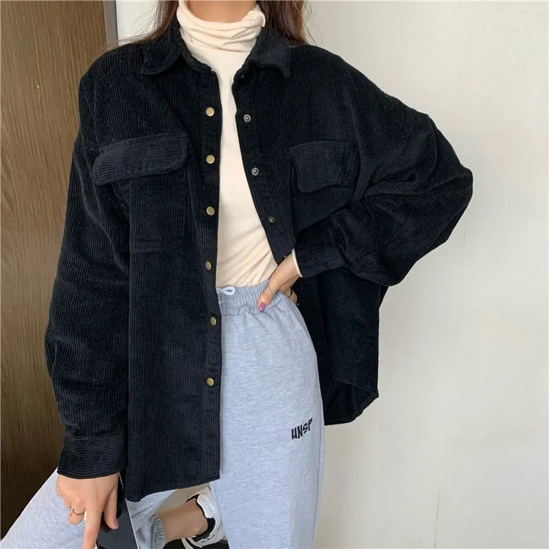 Spring New Women Solid Corduroy Shirts Jackets Full Sleeve Turn-Down Collar Oversize Coats Casual Autumn Basic Outwear T0O901F
