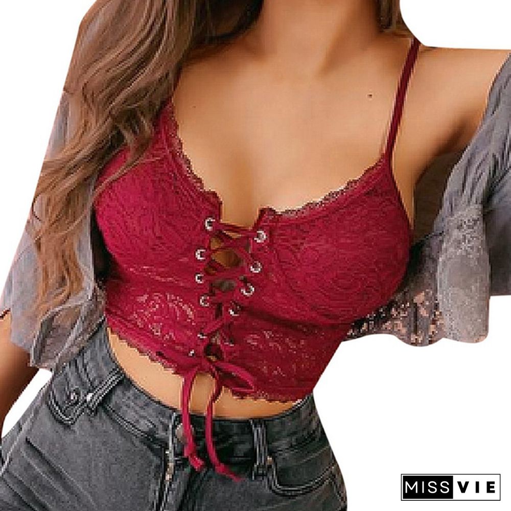 Women Fashion V-neck Sheer Tops Lace Floral Bralette Bandage Hollow Solid Color Slim Fit Top Bra
