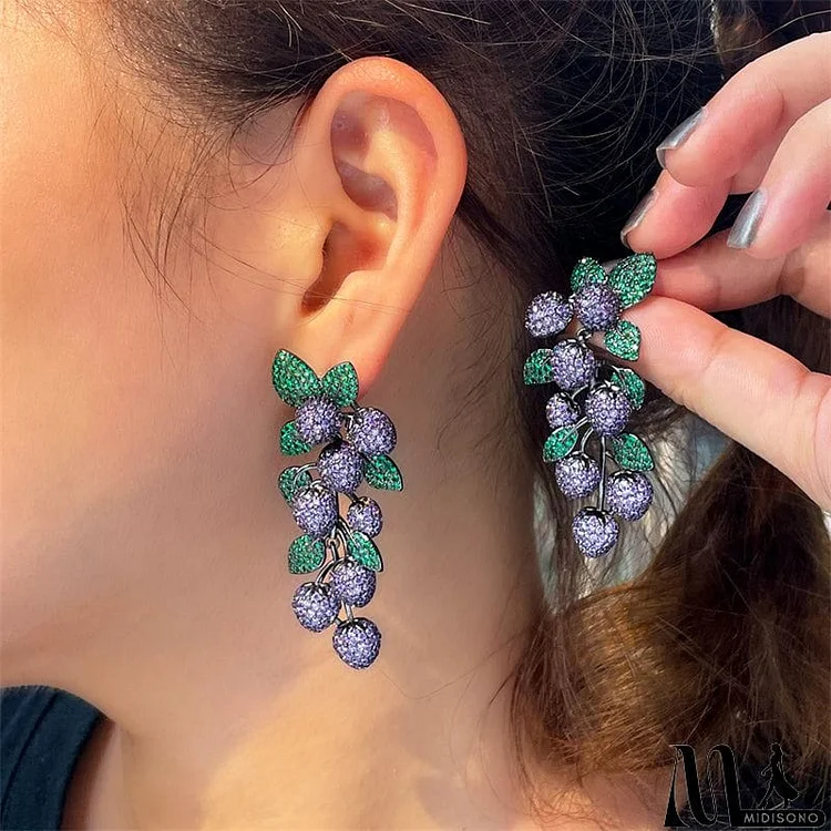 Luxury Dark Green Petal Leaf Purple Fruit Women's Earrings