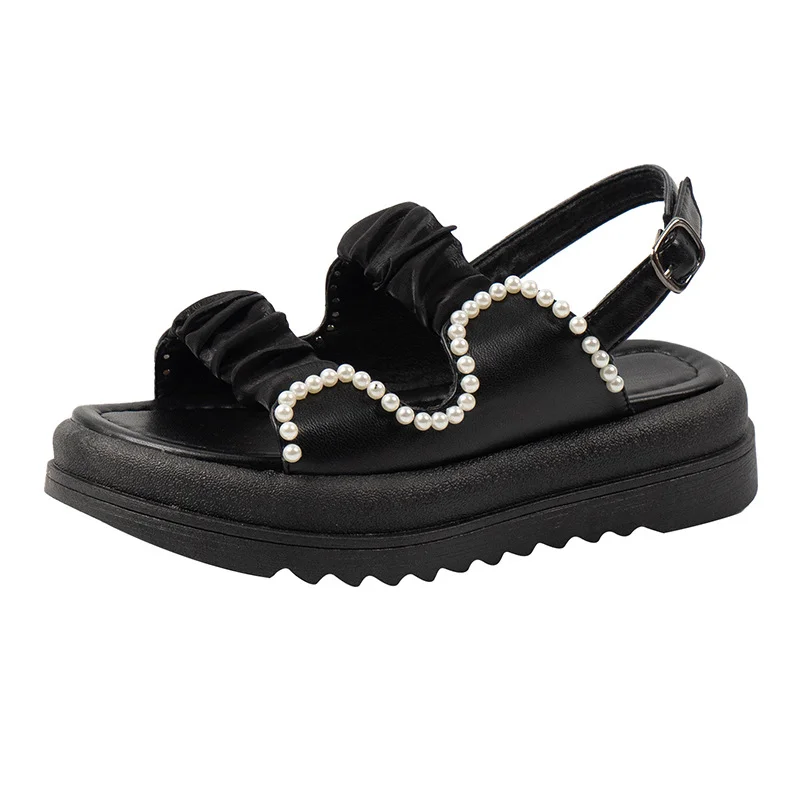 Tanguoant Tanguoant Wind Platform Sandals Female 2023 New Summer French Temperament Beads Fashion One Word Buckle Roman Shoes