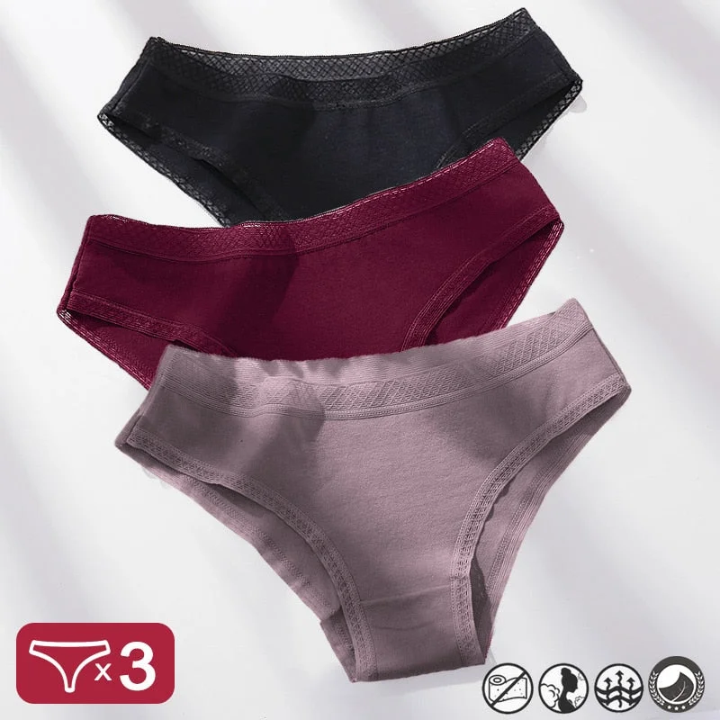 3PCS/Set Mesh Waistband Cotton Panties Women's Briefs Underwear Sexy Lingerie Panties Female Underpants Solid Color Girls Pantys