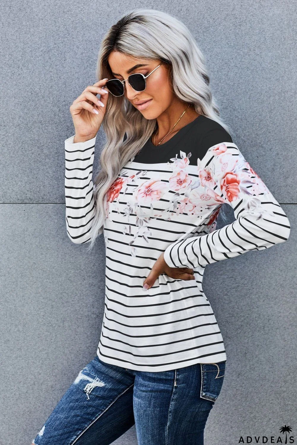 White Black Floral Striped Print Long Sleeve Top