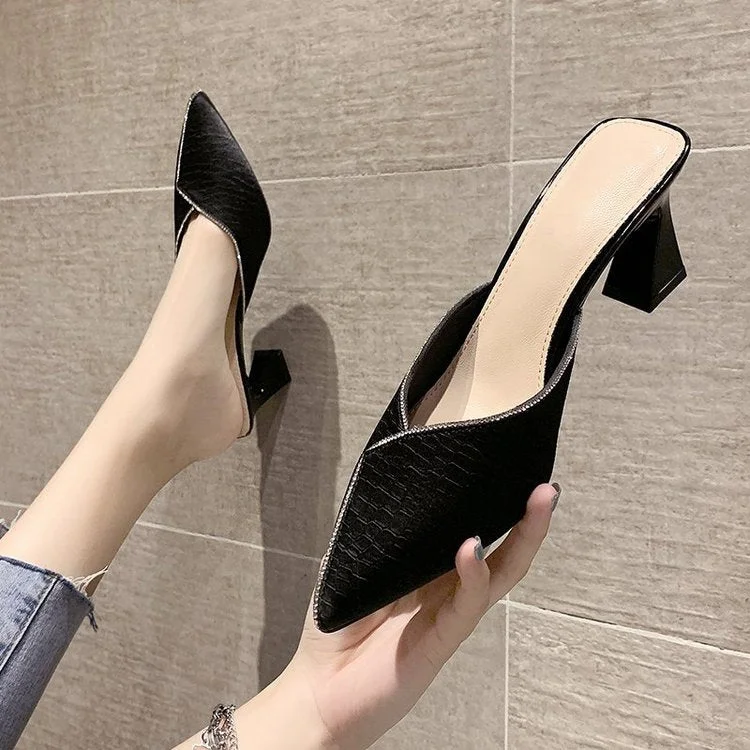 Pointed-toe rhinestone block-heel sandals