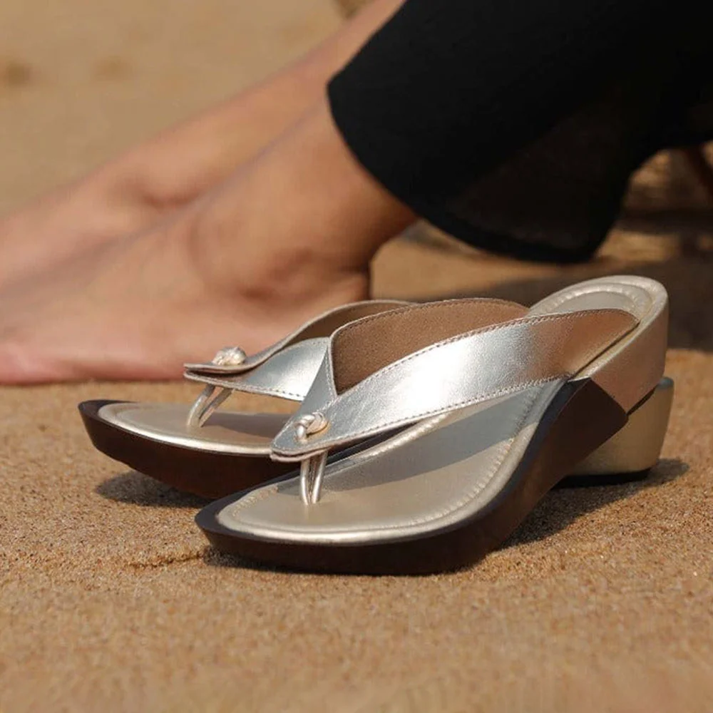 Gold Metallic Finish Open Round Toe Wedge Heel Platform Flip Flops