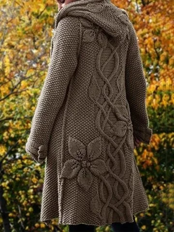 Women'S Floral Jacquard Hooded Sweater Cardigan