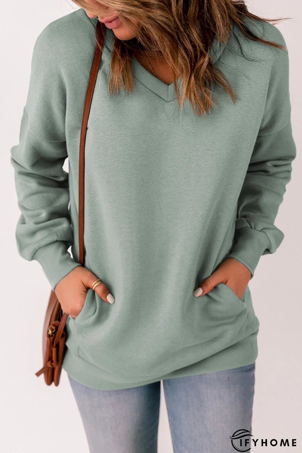 Green V Neck Drop Shoulder Sweatshirt with Pocket | IFYHOME