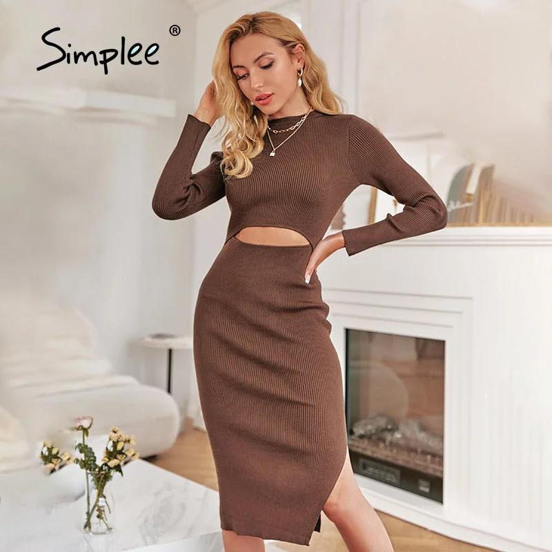 Simplee Sexy hollow out o-neck split knitted dress women Elegant long sleeves slim winter dress Female solid sheath midi vestido