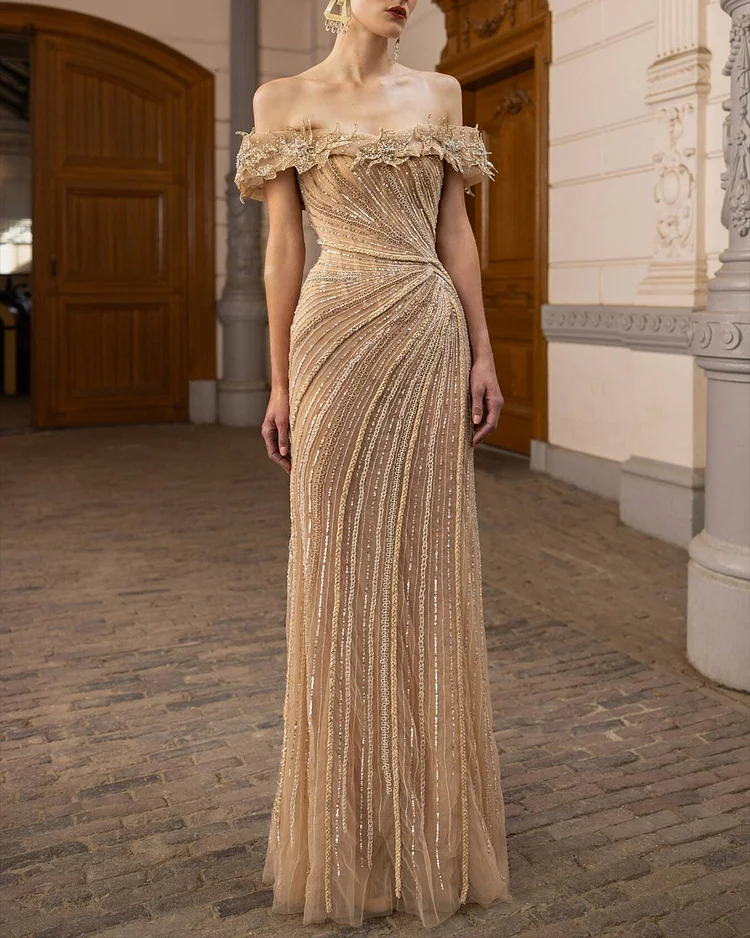 Women's Off-the-shoulder Sequined Mesh Dress