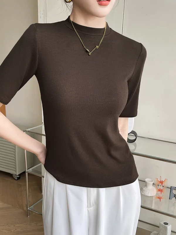 Short Sleeves Skinny Solid Color Round-Neck T-Shirts
