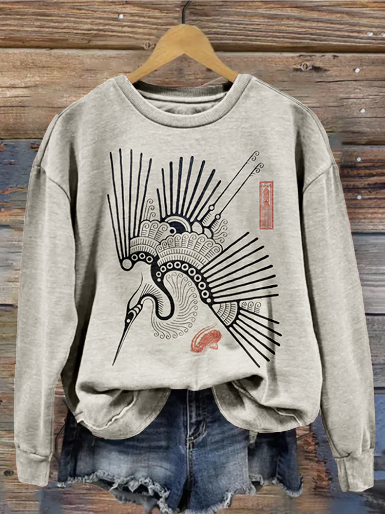 wearshes Vintage Cranes Pattern Crew Neck Cozy Sweatshirt
