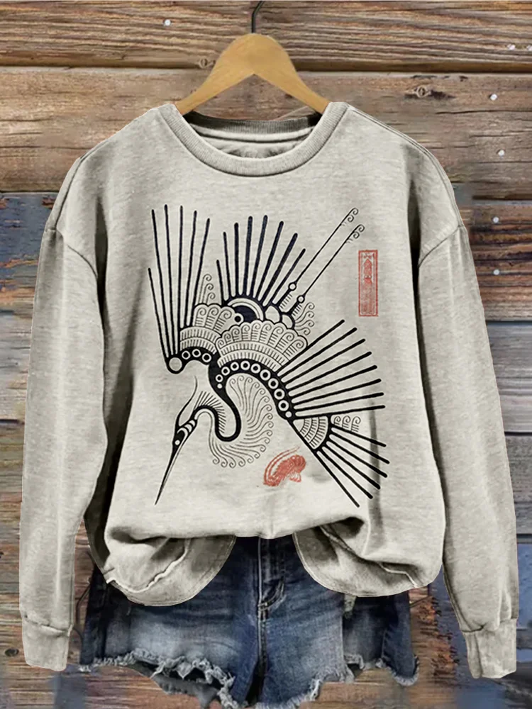 Vintage Cranes Pattern Crew Neck Cozy Sweatshirt